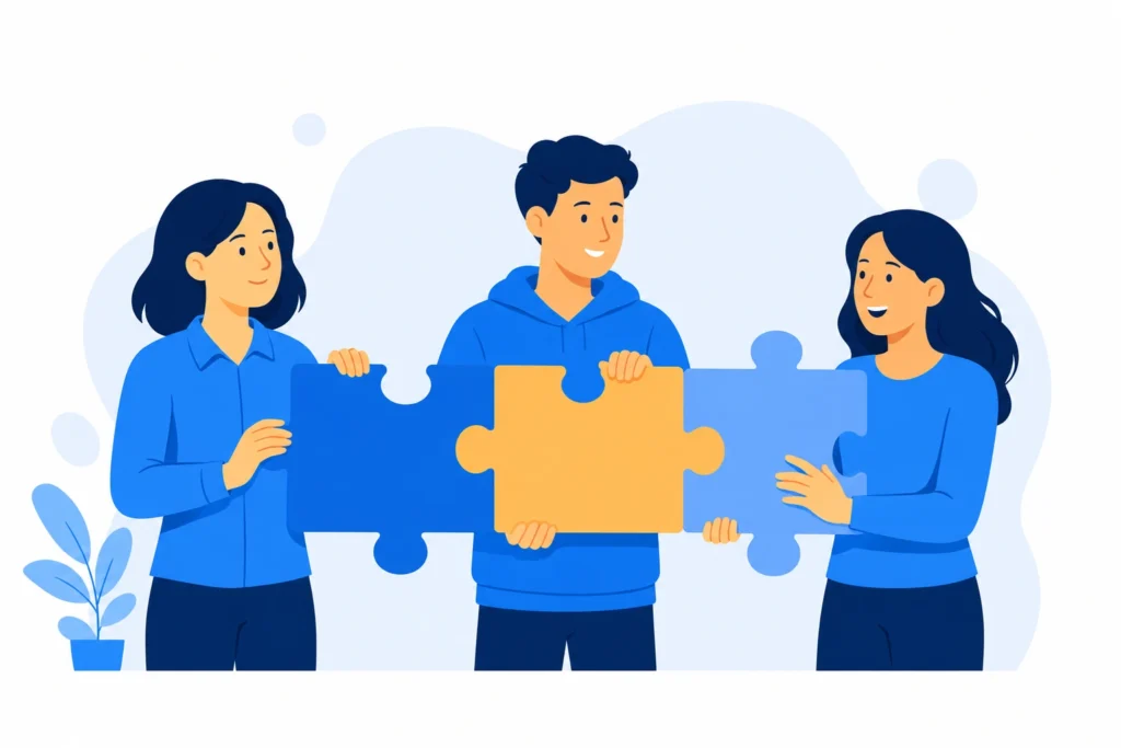 Ilustración de tres personas uniendo piezas de un rompecabezas