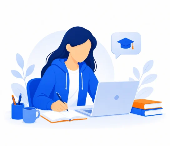 Ilustración de una estudiante aprendiendo inglés online con una computadora portátil